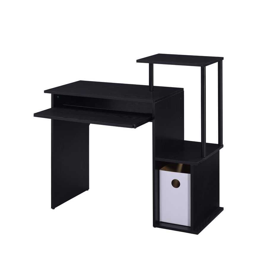 Black computer desk with keyboard tray and open shelving for office furniture