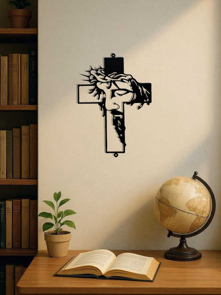 Metal Cross Wall Art Decor featuring Jesus face silhouette in a study room. Durable and meaningful metal wall piece for indoor decor.