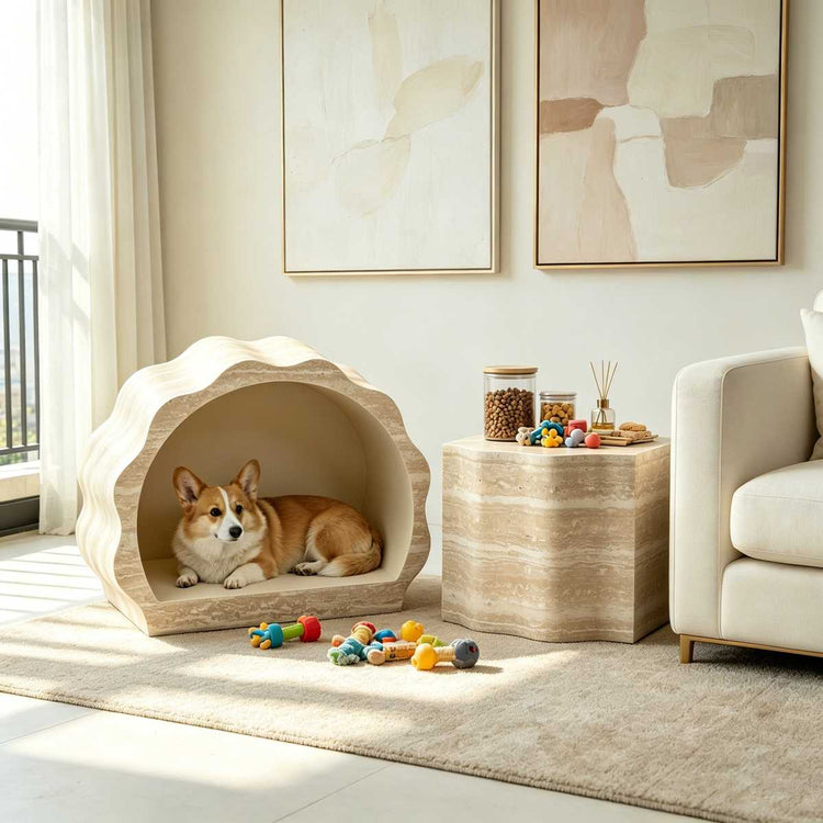 Cozy living room with beige sofa, decorative pillows, and a marble coffee table, complemented by soft natural light.
