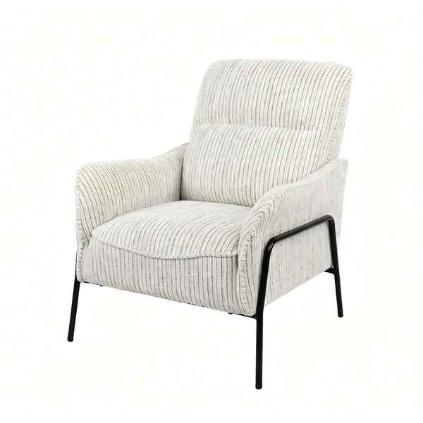 A modern accent armchair with a cream and gray vertically striped corduroy fabric upholstery and a black metal frame, shown against a plain white background.