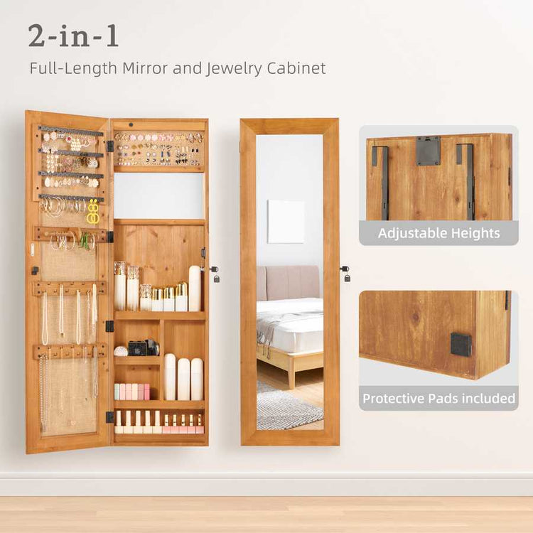 Open jewelry cabinet with organized earrings, rings, and necklaces