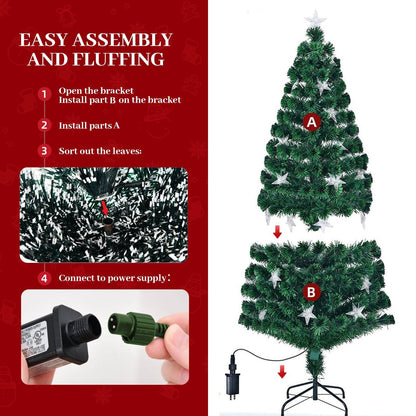 6FT Pre-lit Fiber Optic Christmas Tree with Large Stars, Artificial Christmas Tree Spruce Tree Color Changing Optical Fiber Lights,with Metal Stand,Full Tree for Holiday Decoration