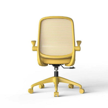 Yellow office chair with mesh back on a white background