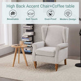 Gray high-back accent chair with wooden legs in a room setting, featuring text on comfort and design.