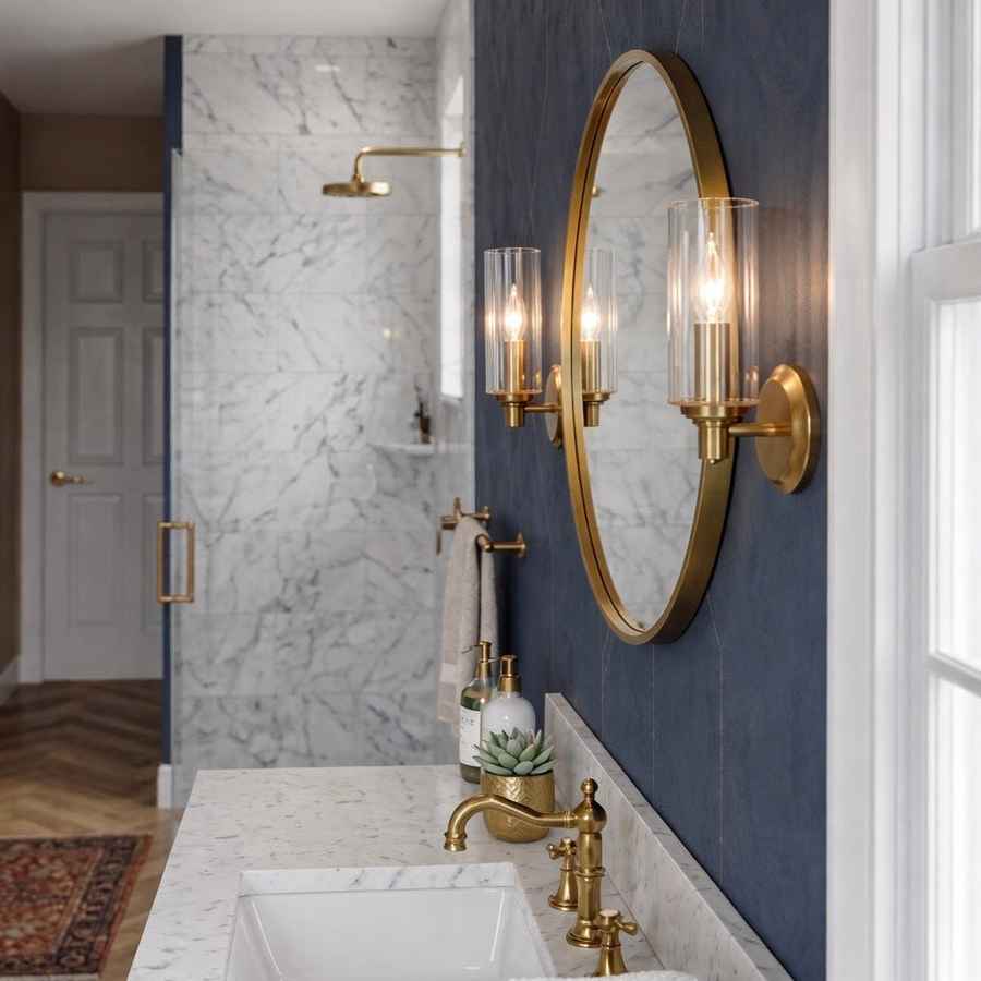 Bathroom with round gold mirror, sink, and wall lights.