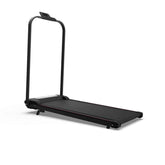 Side view of a sleek foldable treadmill with a black frame and textured running belt, ideal for home use