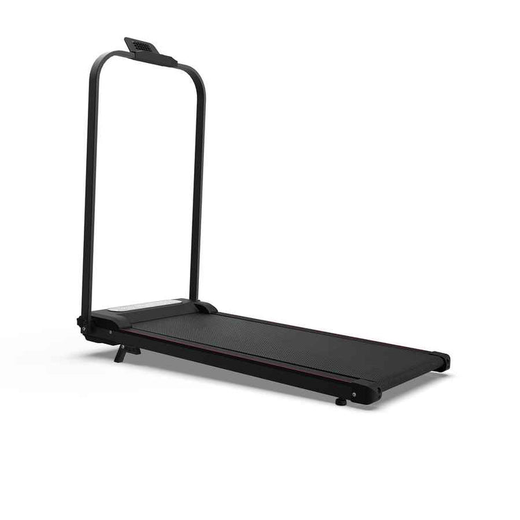 Side view of a sleek foldable treadmill with a black frame and textured running belt, ideal for home use