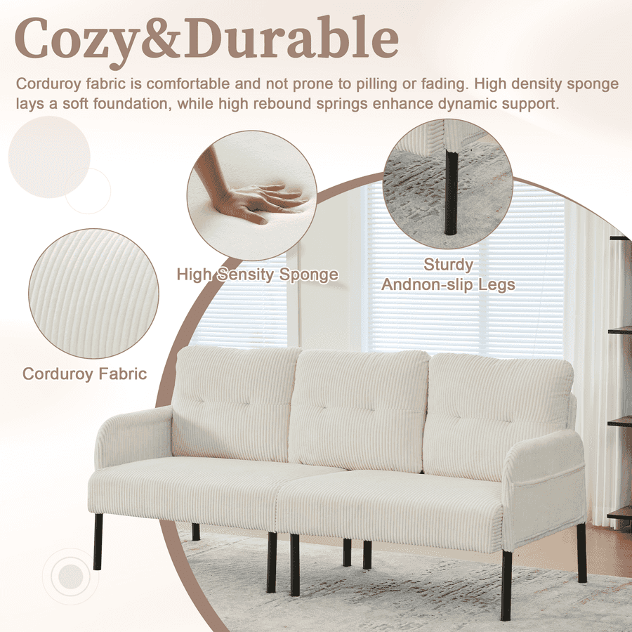 Beige sofa with text highlighting features like corduroy fabric, high-density sponge, and sturdy andoh-slip legs.