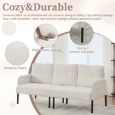 Beige sofa with text highlighting features like corduroy fabric, high-density sponge, and sturdy andoh-slip legs.