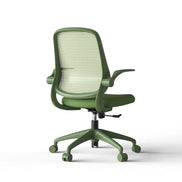 Green office chair with mesh back on a white background
