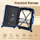 Blue suitcase with clothes and accessories on a beige background