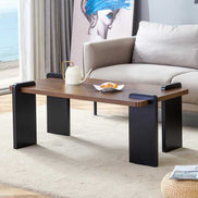 Walnut MDF Coffee Table placed in a bright living room, complementing minimalist decor with its sleek black legs and wood grain finish.