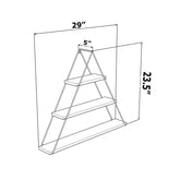 Line drawing of a three-tiered metal shelf with dimensions labeled.
