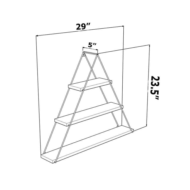 Line drawing of a three-tiered metal shelf with dimensions labeled.