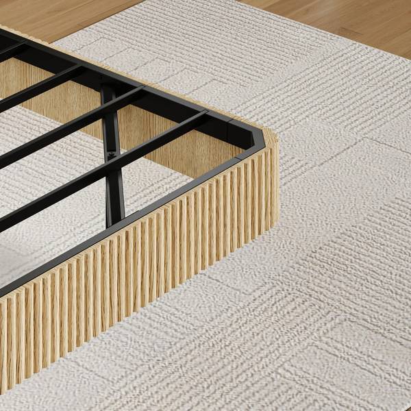 Detailed corner view of King Floating Bed Frame with LED Lights, showcasing ripple wood texture and durable metal slats.