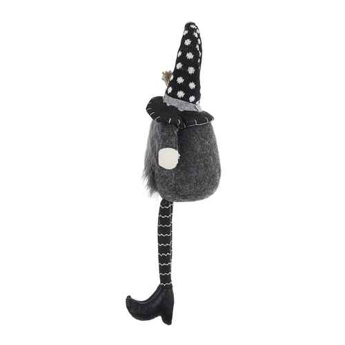 Back view of a black gnome Halloween ornament showcasing a tall polka dot hat, long striped legs, and plush body, ideal for seasonal decor.