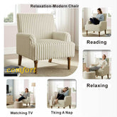 Beige armchair with wooden legs in a living room setting, shown in various activities.