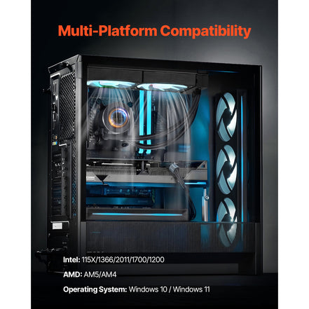 Computer case with visible internal components and text about multi-platform compatibility.