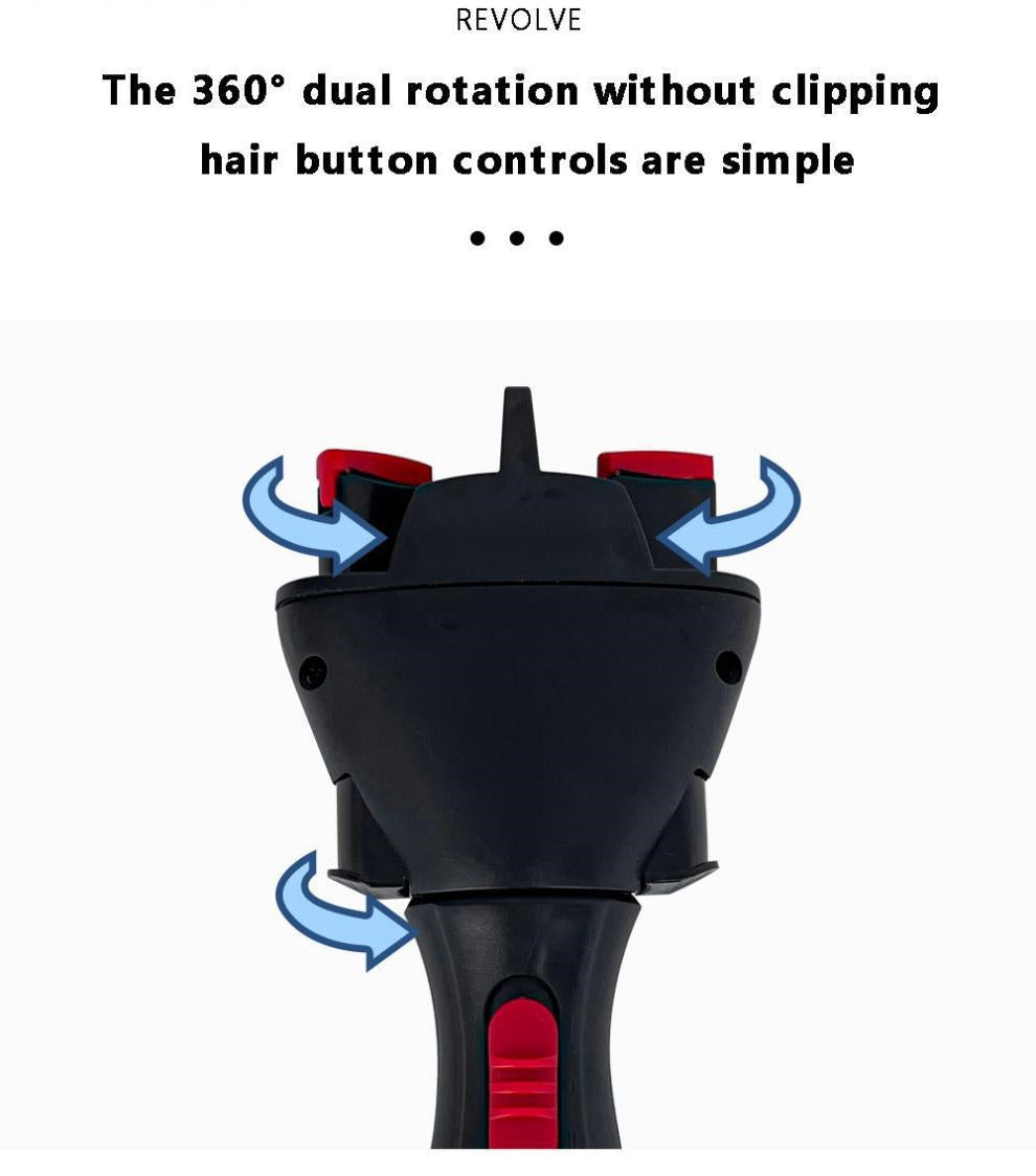 Black hair styling tool with red accents and 360-degree rotation feature on a white background.