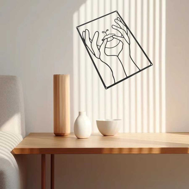 Single piece from 3Pcs Abstract Metal Wall Art set mounted diagonally above a wooden table, adding artistic flair to indoor spaces.