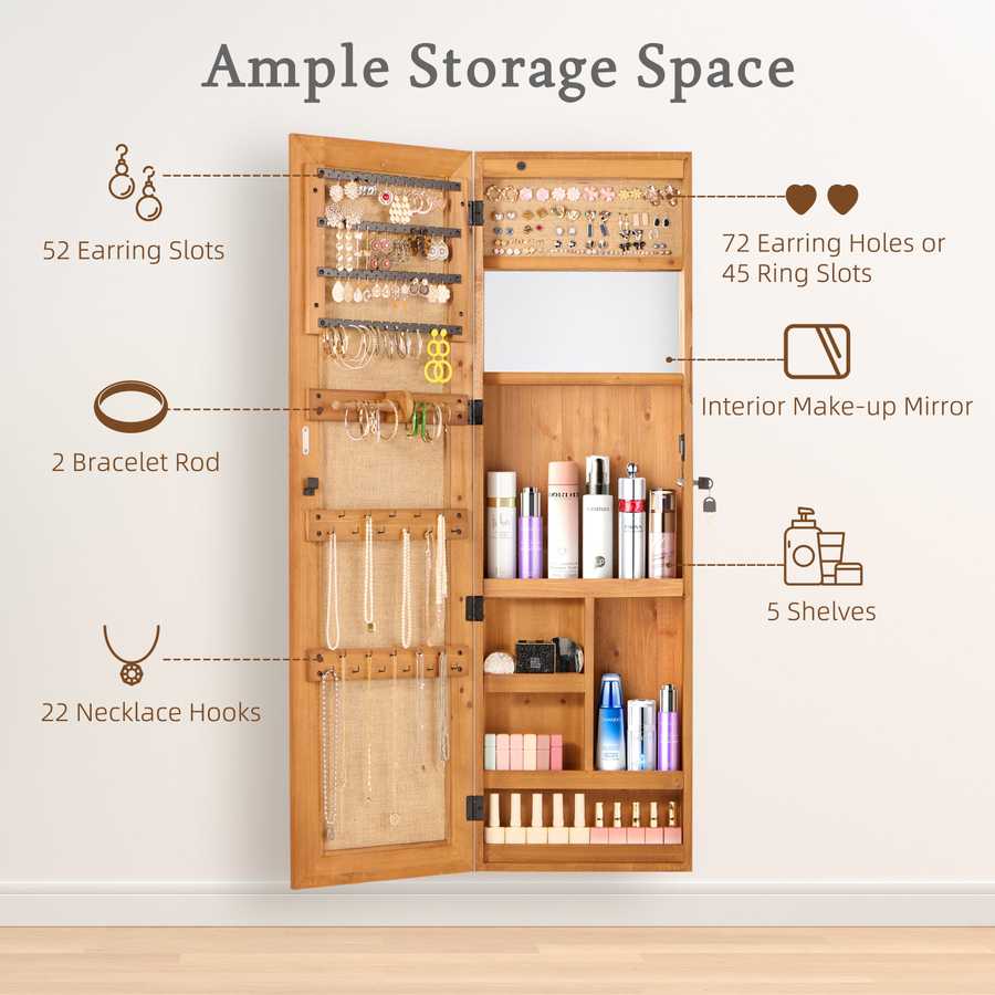 Open jewelry cabinet with organized earrings, rings, and necklaces