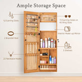 Open jewelry cabinet with organized earrings, rings, and necklaces
