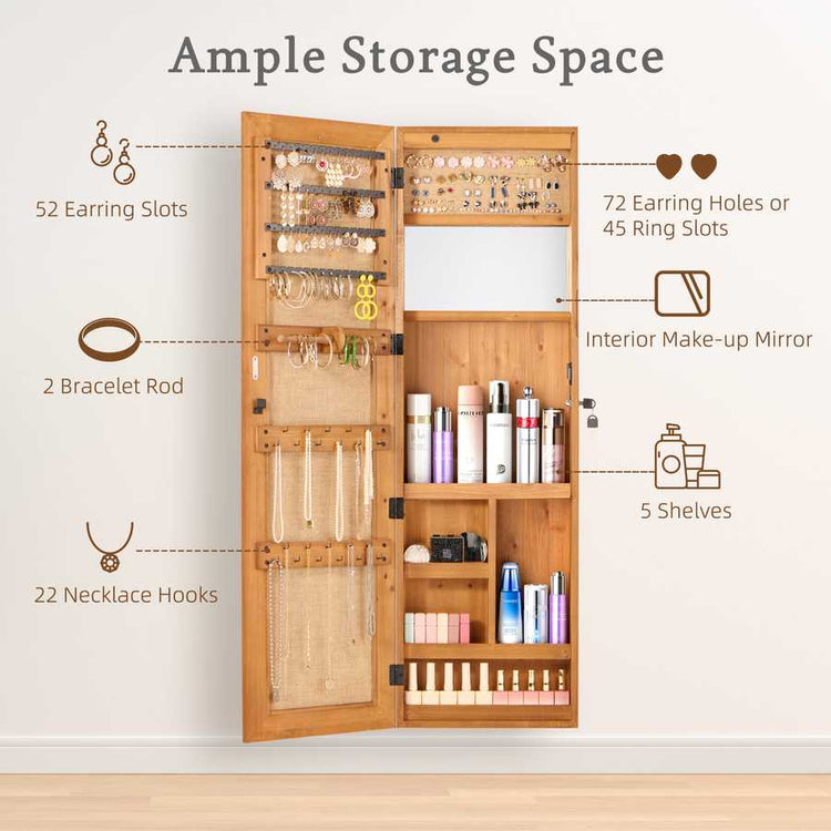 Open jewelry cabinet with organized earrings, rings, and necklaces