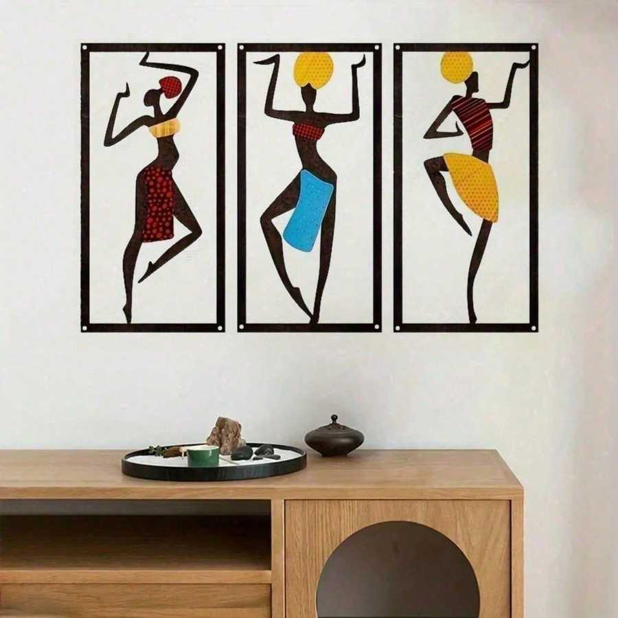 Bohemian Macrame Wall Hanging with African dancers in red, blue, and yellow outfits above a minimalist wooden cabinet. Handmade ethnic wall decor.