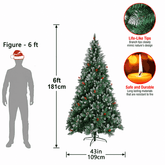 Decorated 6-foot artificial Christmas tree with mistletoe and pinecone ornaments, shown with height and width measurements, a 6-foot person silhouette for scale, and two circular feature callouts on a white background.