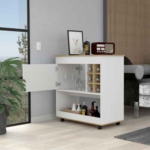 White bar cabinet with open door displaying glasses and bottles in a modern living room.