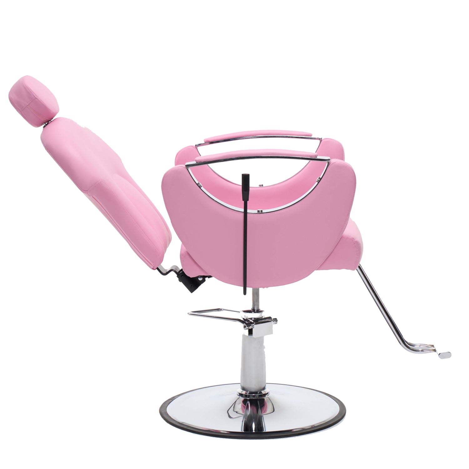 A pink salon barber chair with a chrome hydraulic base, shown in a reclined position against a white background.