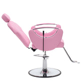 A pink salon barber chair with a chrome hydraulic base, shown in a reclined position against a white background.
