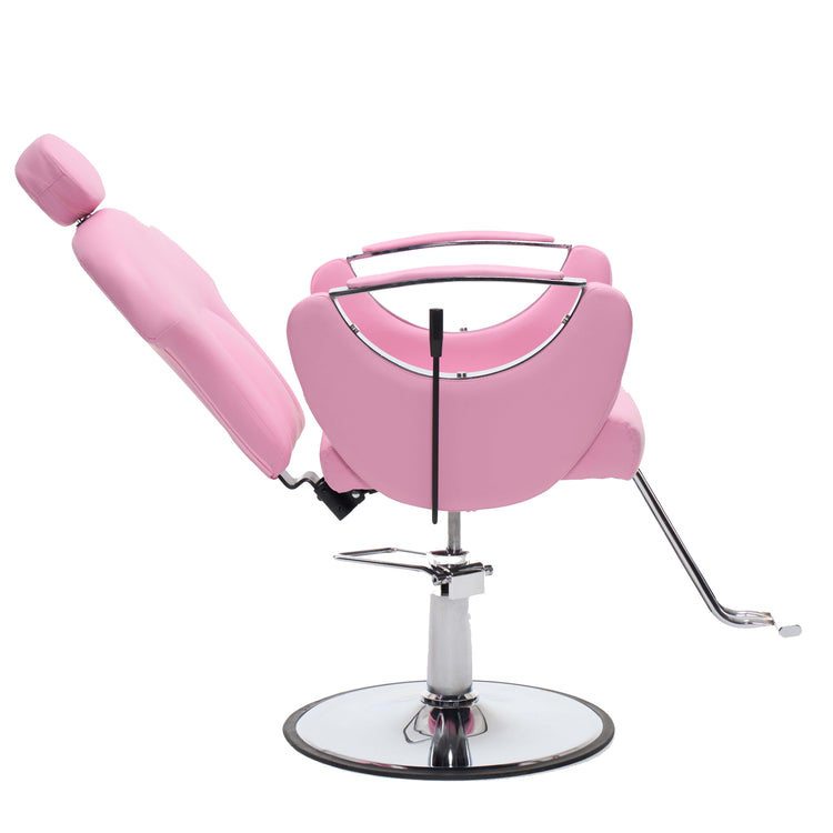 A pink salon barber chair with a chrome hydraulic base, shown in a reclined position against a white background.