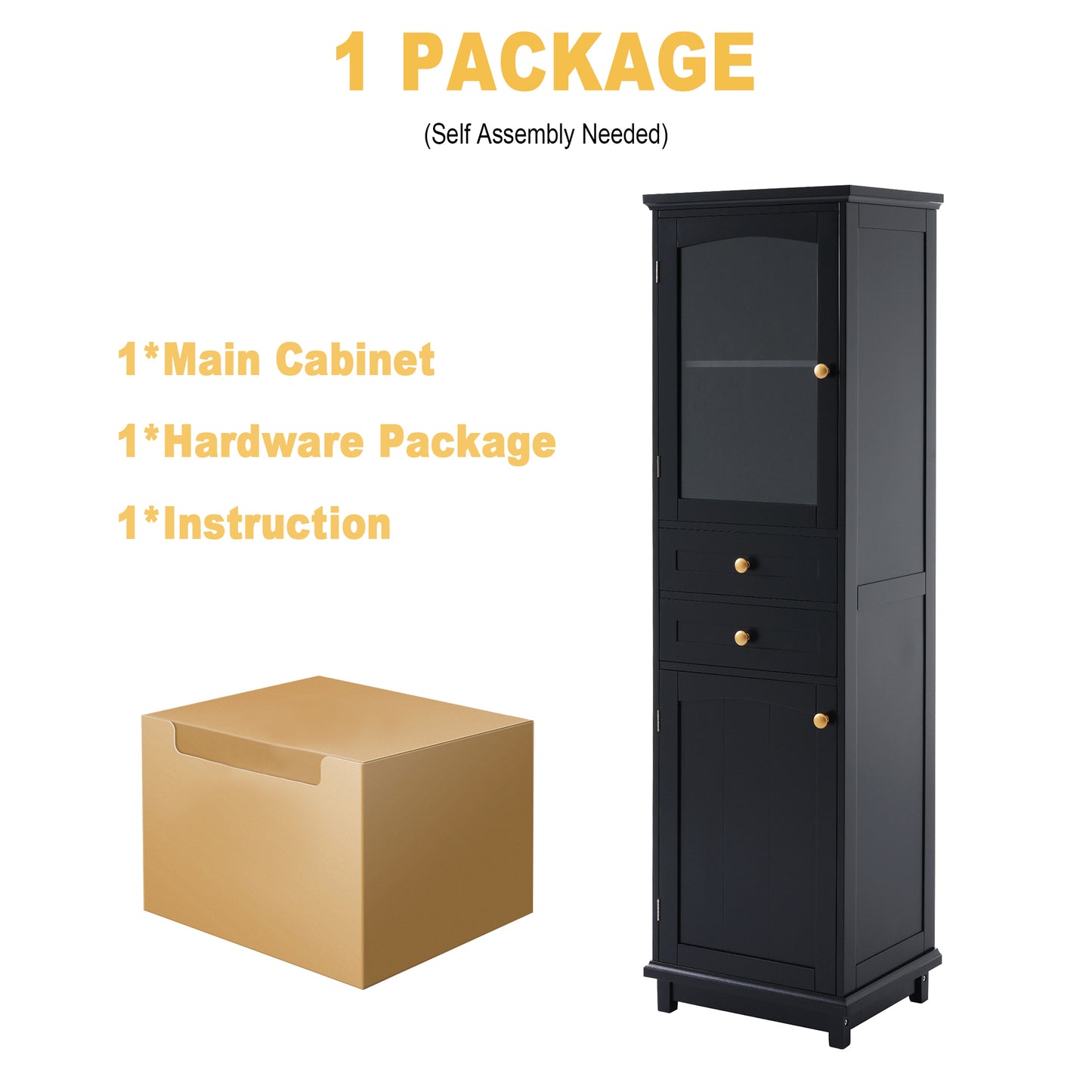 63" Tall Bathroom Storage Cabinet with Glass Doors, Free-Standing, Two Drawers, and Adjustable Shelves, MDF Board, Painted Black