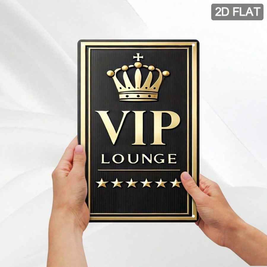 A rectangular black VIP Lounge sign with a gold crown and gold lettering, held by two hands against a white draped background. A small &