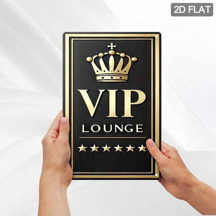 A rectangular black VIP Lounge sign with a gold crown and gold lettering, held by two hands against a white draped background. A small &