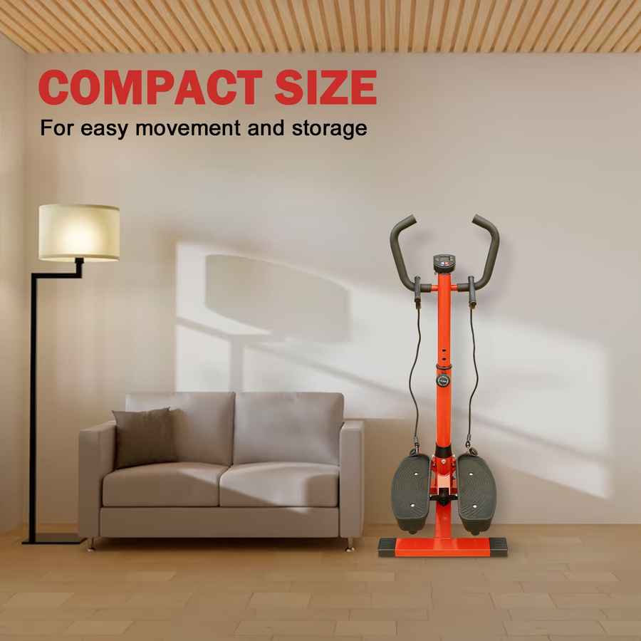 Home interior with beige sofa, wooden ceiling, standing lamp, and orange foldable stair step machine for fitness