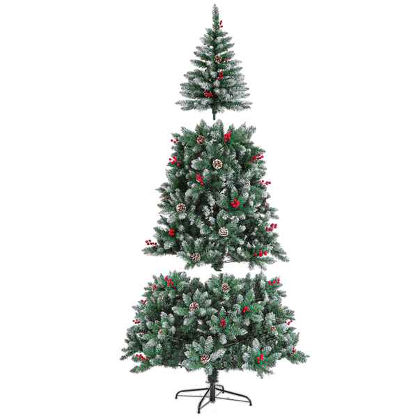 A three-tiered artificial Christmas tree with a white-frosted finish, decorated with small red berries and pinecones, shown on a black metal stand against a plain white background.