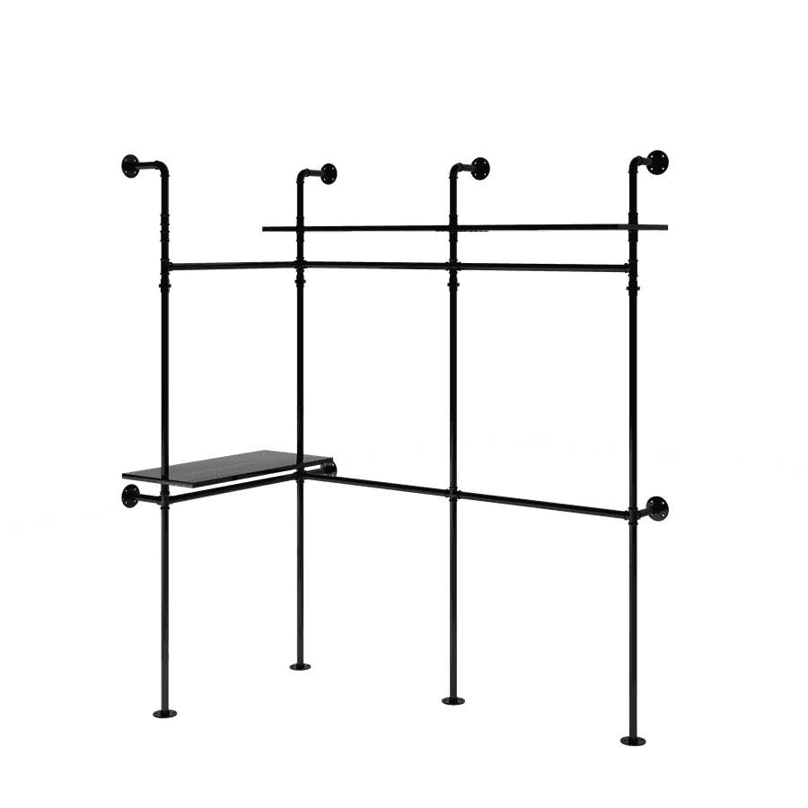 Black industrial clothes rack with adjustable shelves, LED lights, supported by metal pipes, suitable for storage and display