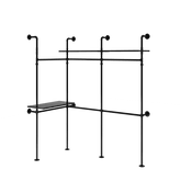 Black industrial clothes rack with adjustable shelves, LED lights, supported by metal pipes, suitable for storage and display
