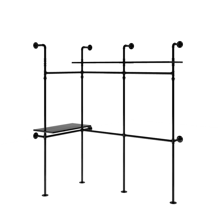 Black industrial clothes rack with adjustable shelves, LED lights, supported by metal pipes, suitable for storage and display