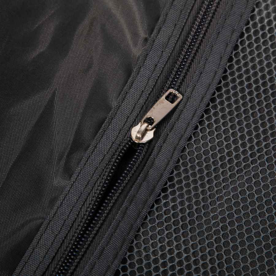 Black travel bag with durable zipper and mesh pocket, featuring a sturdy metal zipper pull for secure closure.