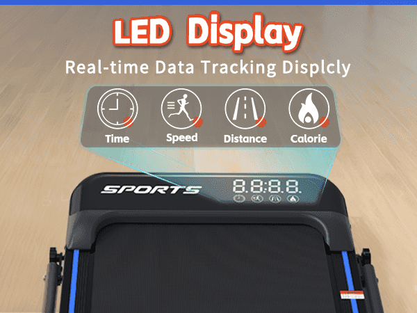 Digital LED display on treadmill showing real-time data such as time, speed, distance, and calories burned during workout