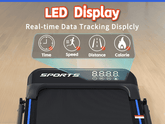 Digital LED display on treadmill showing real-time data such as time, speed, distance, and calories burned during workout