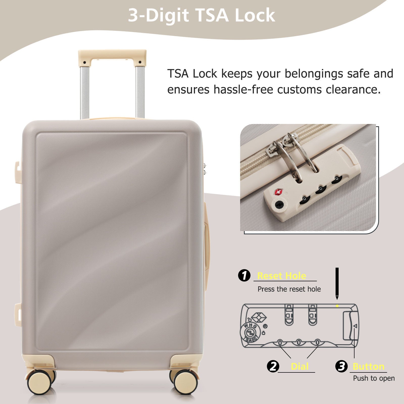 TSA-approved 3-digit lock on lightweight durable suitcase ensures secure and hassle-free airport travel with easy reset instructions.