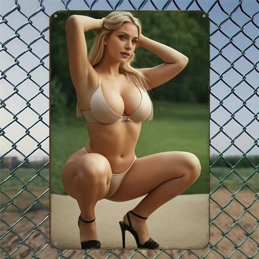 CIFbuy Aluminum Wall Decor featuring a bikini model in a squatting pose, mounted on a chain-link fence. Durable and weather-resistant canvas wall art.
