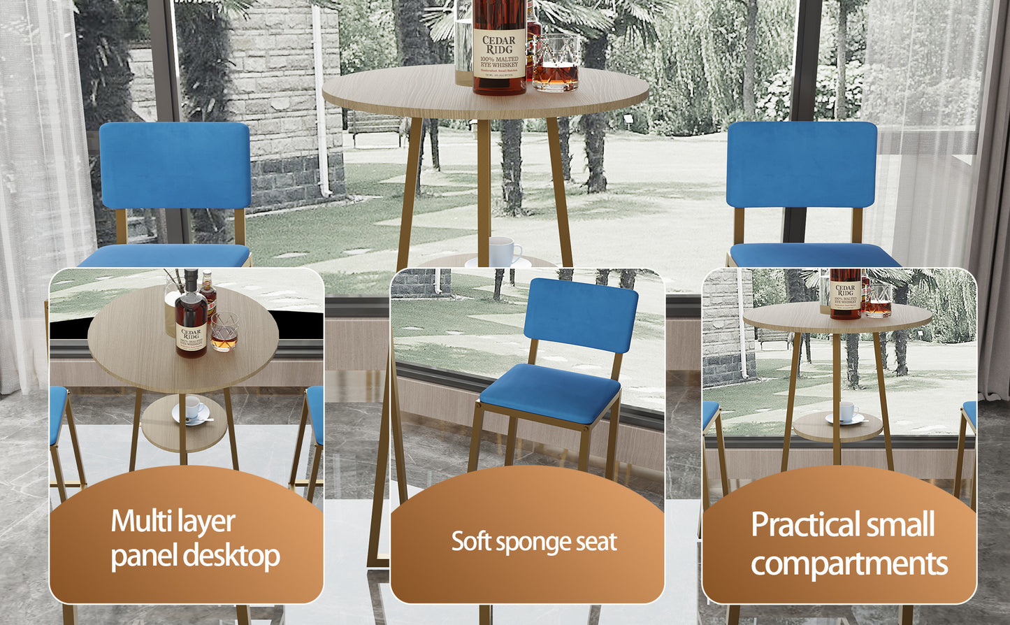 Bar Table and Chairs Set - Gold Frame, Storage Function | Dining Set for 2 featuring soft sponge seats, multi-layer tabletop, and storage shelf.