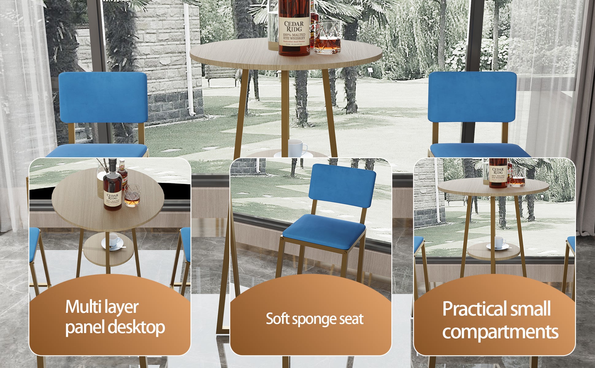 Bar Table and Chairs Set - Gold Frame, Storage Function | Dining Set for 2 featuring soft sponge seats, multi-layer tabletop, and storage shelf.