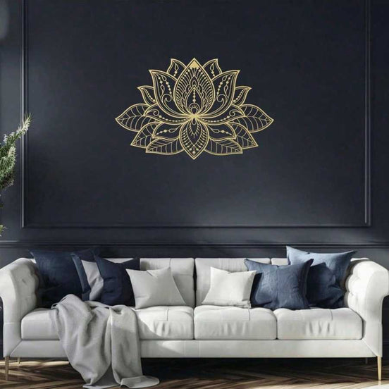 Iron Mandala Lotus Wall Art displayed above a white sofa in a modern living room. Enhances zen-style decor with intricate metal detailing.