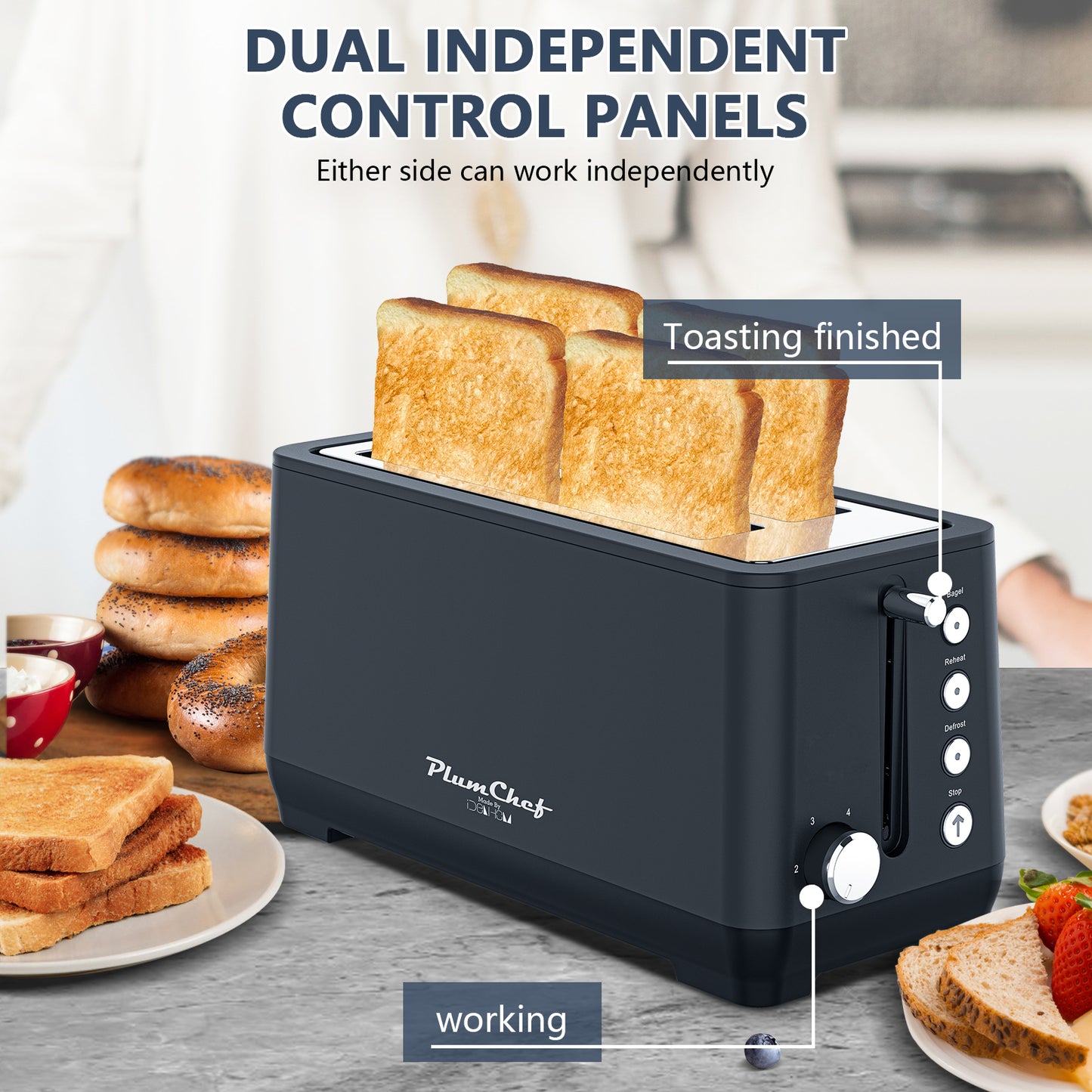 4-Slice Toaster with Warming Rack - 6 Browning Settings | Easy Cleanup, showing dual independent control panels for separate toasting zones.